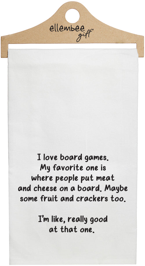 White I love board games. My favorite one is where people put meat and cheese on a board. Maybe some fruit and crackers too. I'm like, really good at that one. kitchen tea towel with hanger