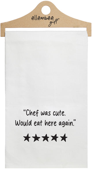 White towel with printed text 'Chef was cute would eat here again.' With 5 individual star graphics printed in black ink