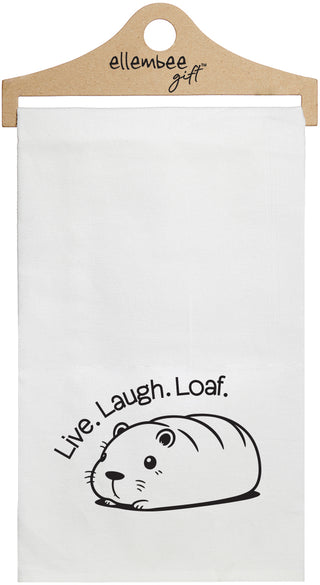 White towel with the text 'Live. Laugh. Loaf.' printed in black ink with graphic image of a capybara.