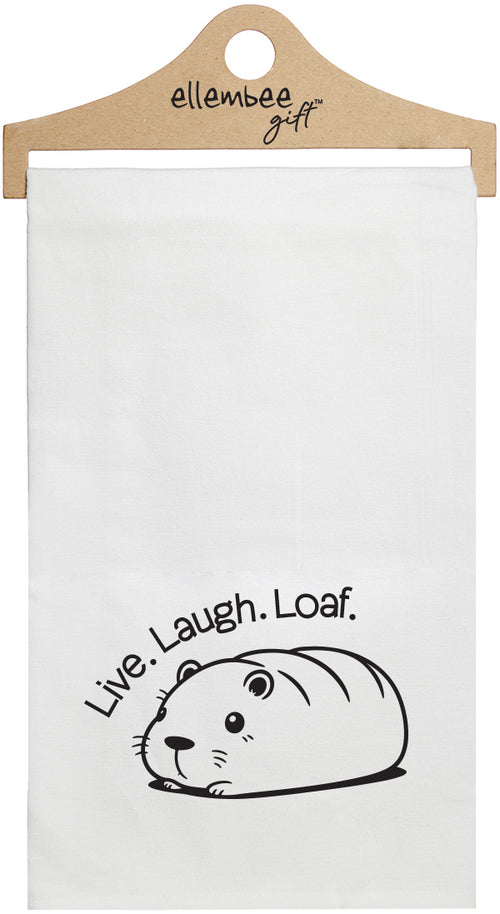 White towel with the text 'Live. Laugh. Loaf.' printed in black ink with graphic image of a capybara.