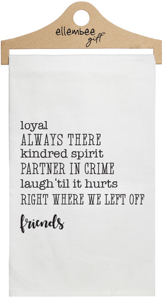 A white kitchen tea towel with black text, displayed on a cardboard hanger. It talks about being friends.